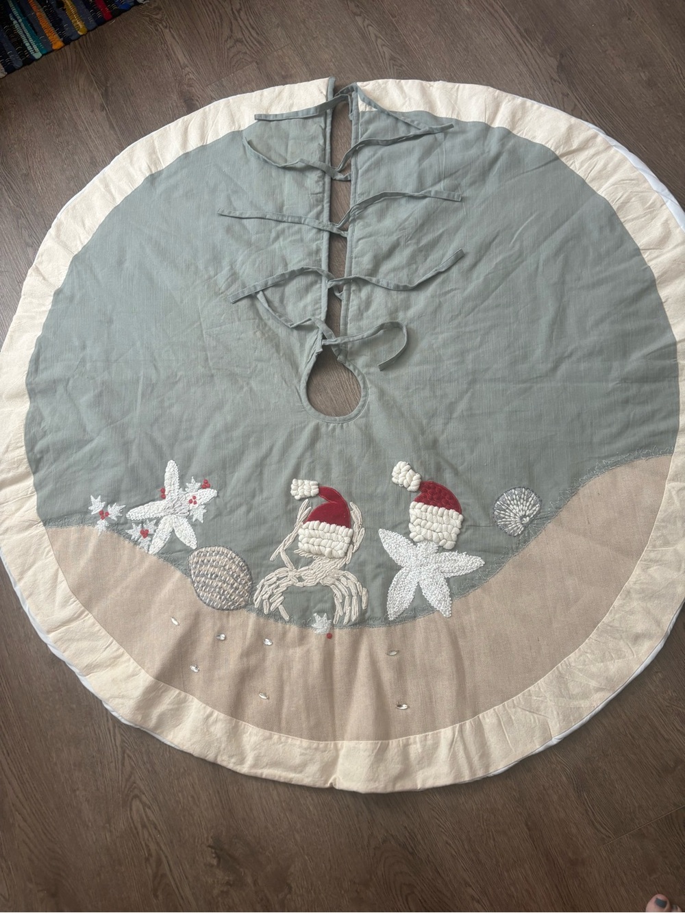 Pier 1 seaside beach ocean calming blues, tans, gray shades Christmas tree skirt